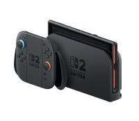 Nintendo Switch 2 i dock og Joy-Con 2-greb set skråt fra siden