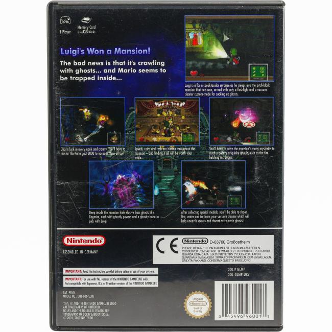 Bagsiden af Luigi's Mansion til Nintendo GameCube