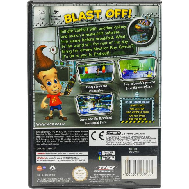 Bagsiden af Jimmy Neutron Boy Genius til Nintendo GameCube